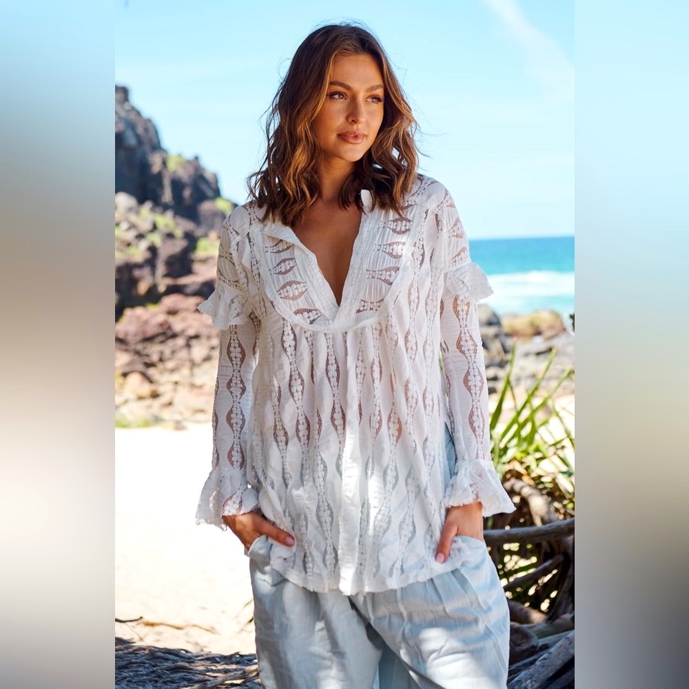 Free People Ivory Candy Shop Lace Long Sleeve Ruffle Boho Textured Tunic Top XS